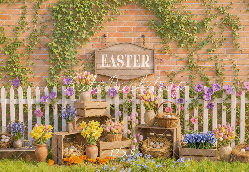 Kate Easter Floral Eggs Picket Fence Fleece Backdrop Designed by Emetselch -UK