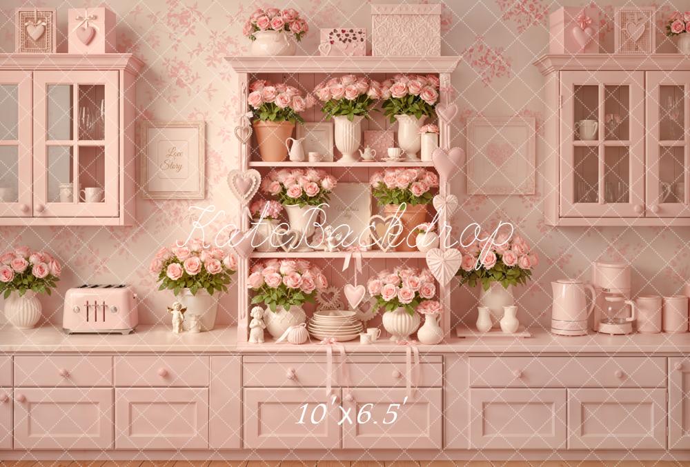Kate Pink Kitchen Floral Shelf Fleece Backdrop Designed by Emetselch