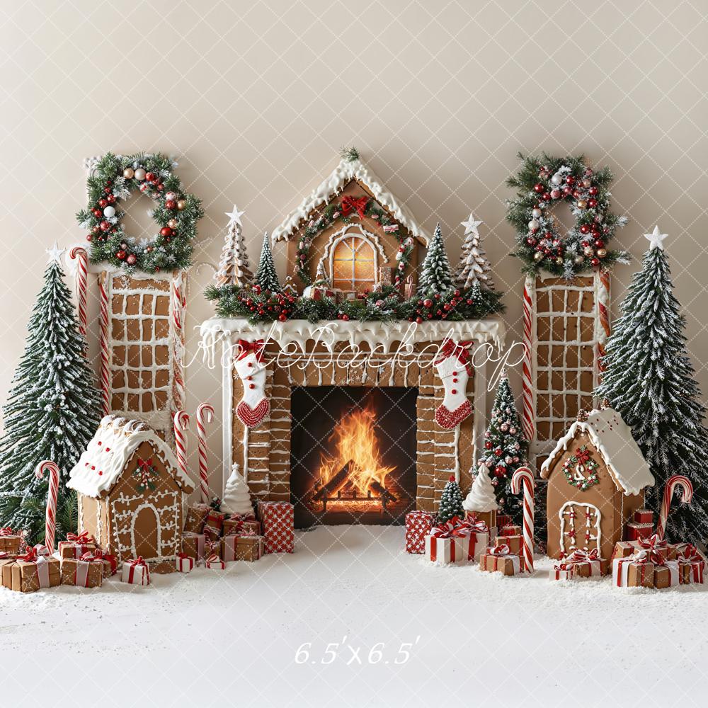 Kate Christmas Gingerbread Fireplace Wreath Trees Backdrop Designed by Emetselch