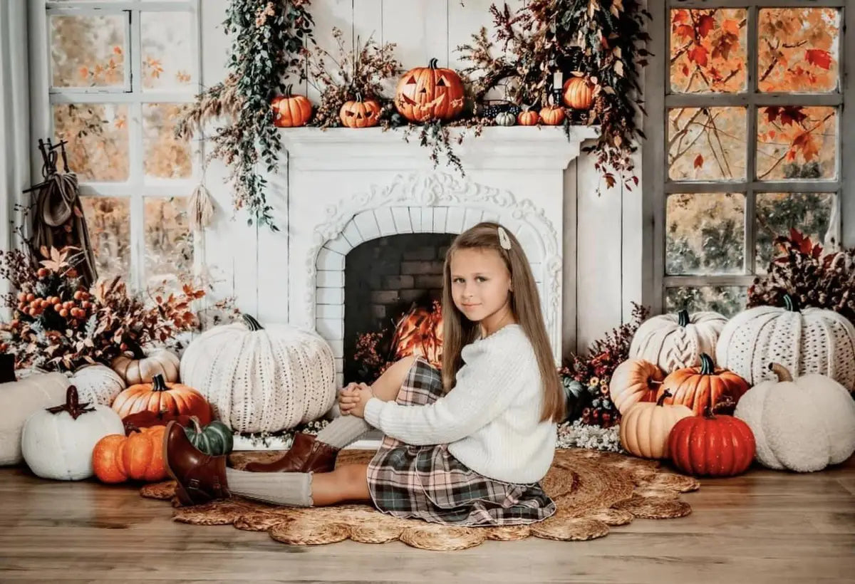 Kate Halloween Autumn White Fireplace Maple Leaves Backdrop Designed by Emetselch -UK