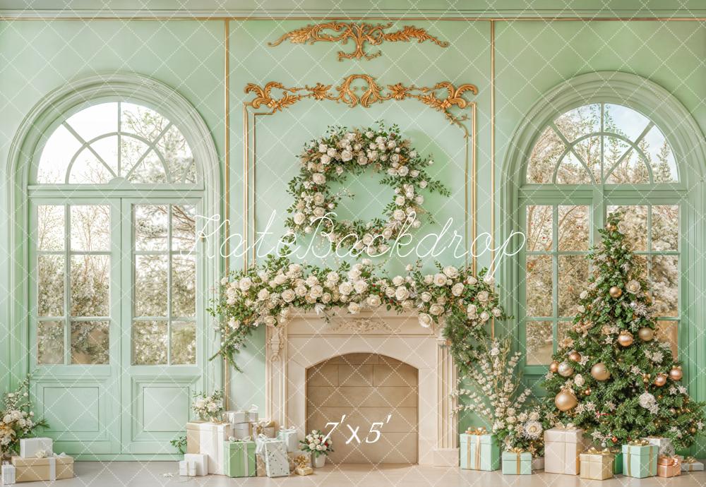 Kate Christmas Mint Green Fireplace Tree Backdrop Designed by Emetselch