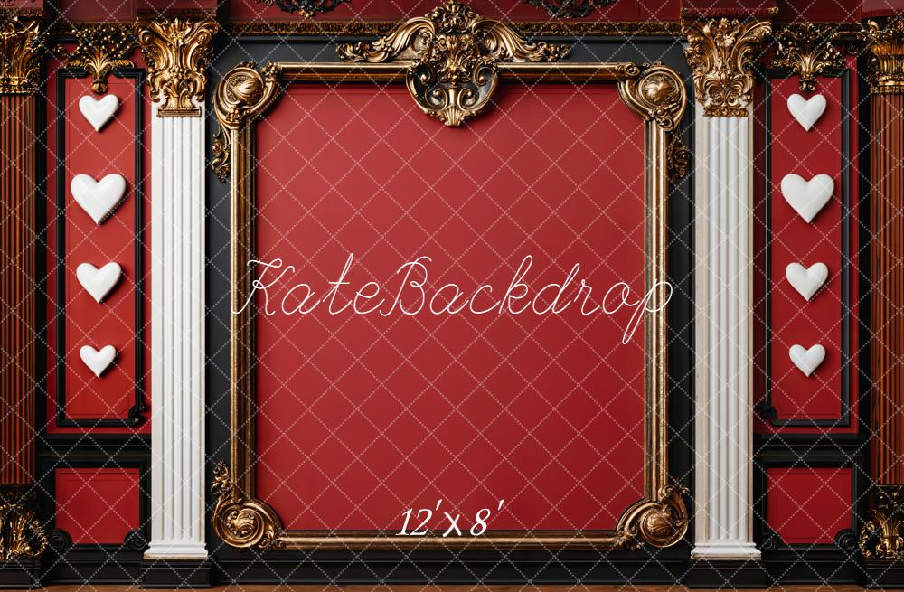 Kate Red Ornate Gold Frame Columns Hearts Fleece Backdrop Designed by Emetselch -UK