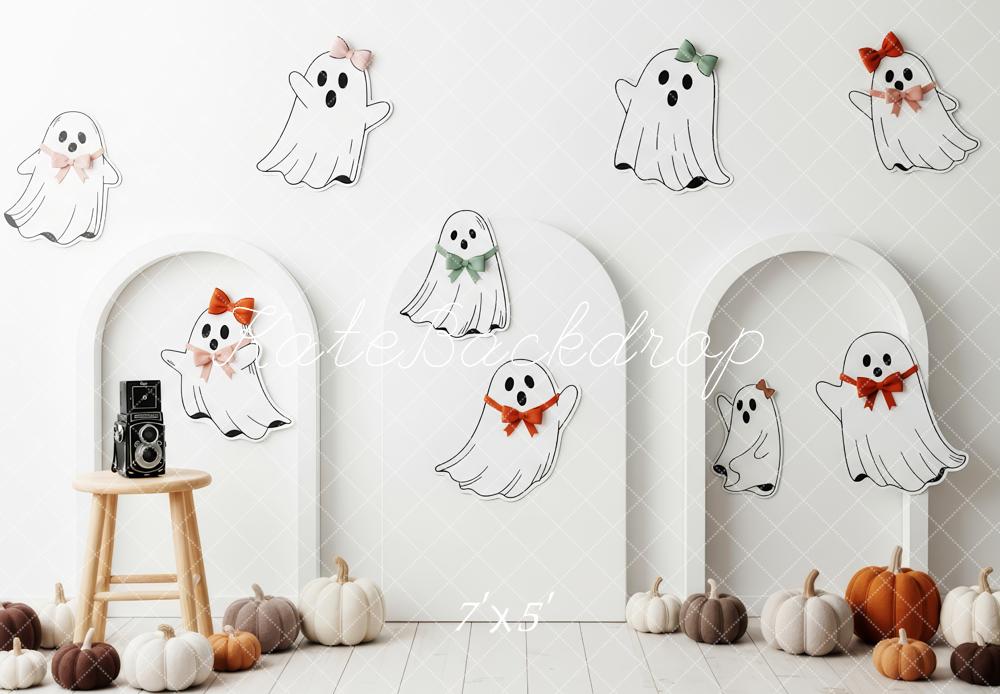 Kate Halloween Cute Ghosts Pumpkins White Backdrop Designed by Patty Robert