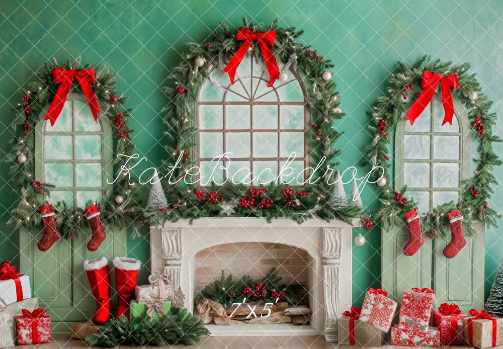 Kate Christmas Fireplace Wreaths Stockings Green Backdrop Designed by Patty Robert