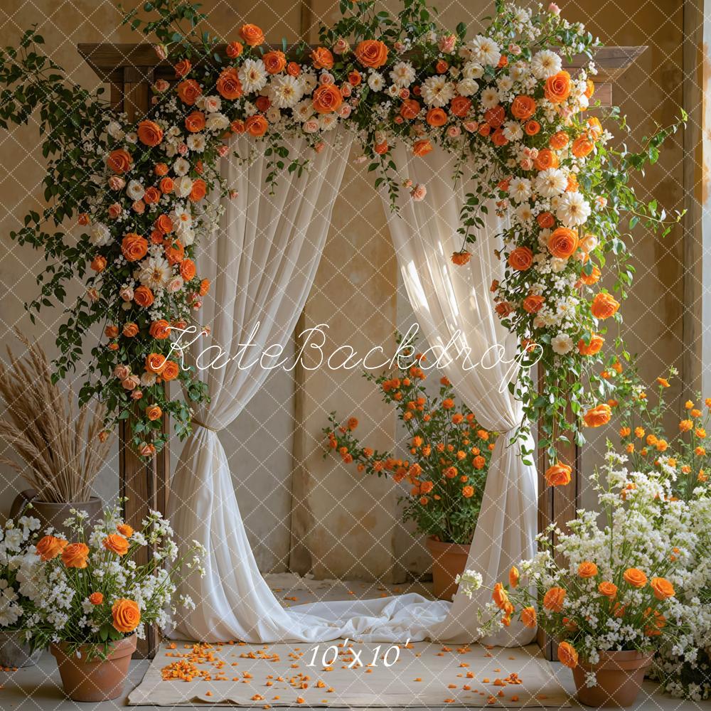 Kate Flower Arch Orange White Flowers Drapes Backdrop Designed by Mini MakeBelieve -UK