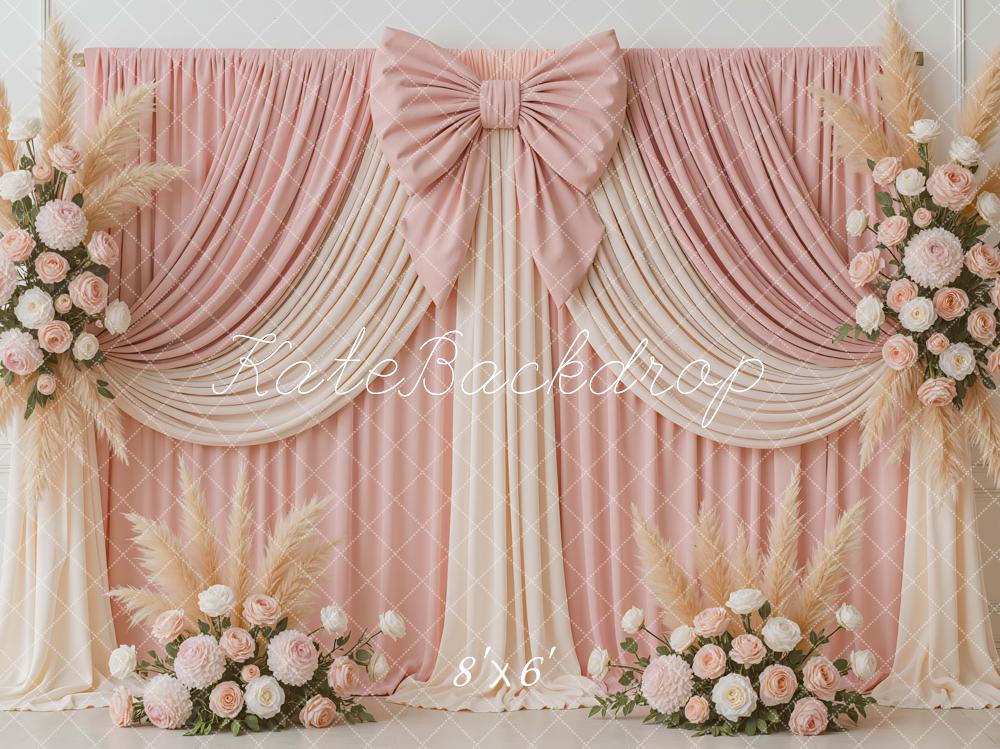 Kate Wedding Pink Drapes Bow Floral Backdrop Designed by Mini MakeBelieve -UK