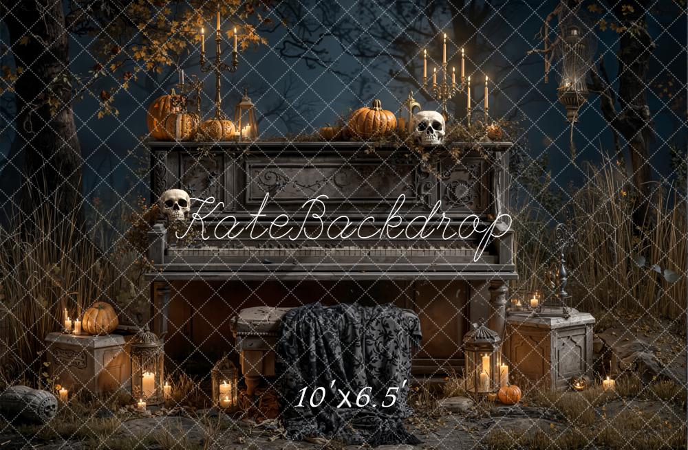 Kate Halloween Piano Pumpkins Candles Forest Fleece Backdrop Designed by Emetselch