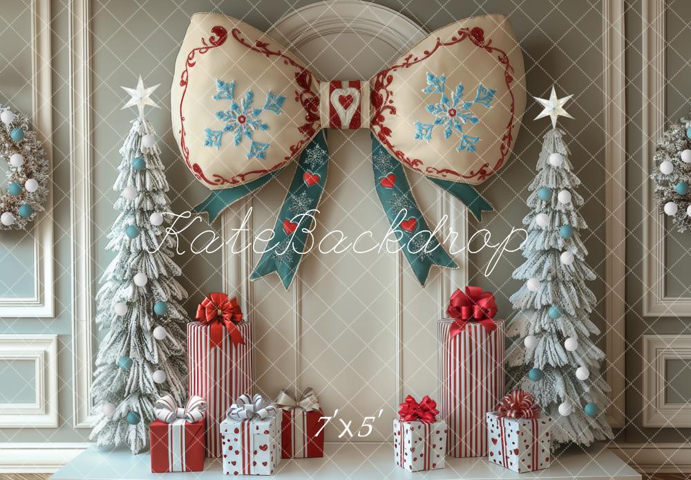 Kate Christmas Bow Frosted Trees Gifts Backdrop Designed by Mini MakeBelieve -UK