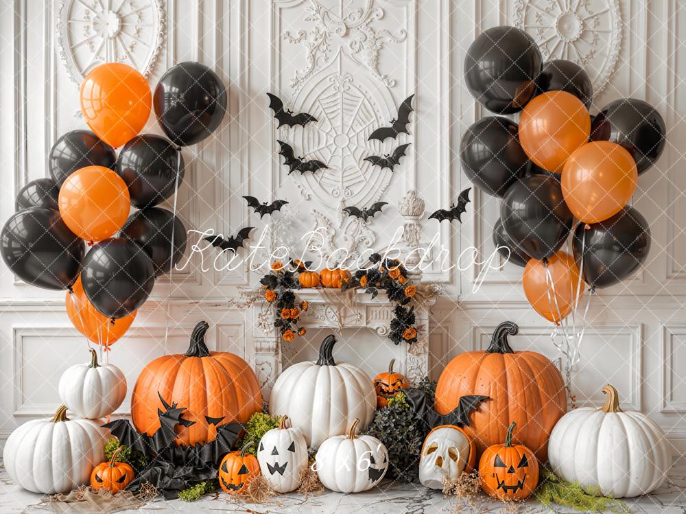 Kate Halloween Pumpkins Balloons Bats Backdrop Designed by Emetselch -UK