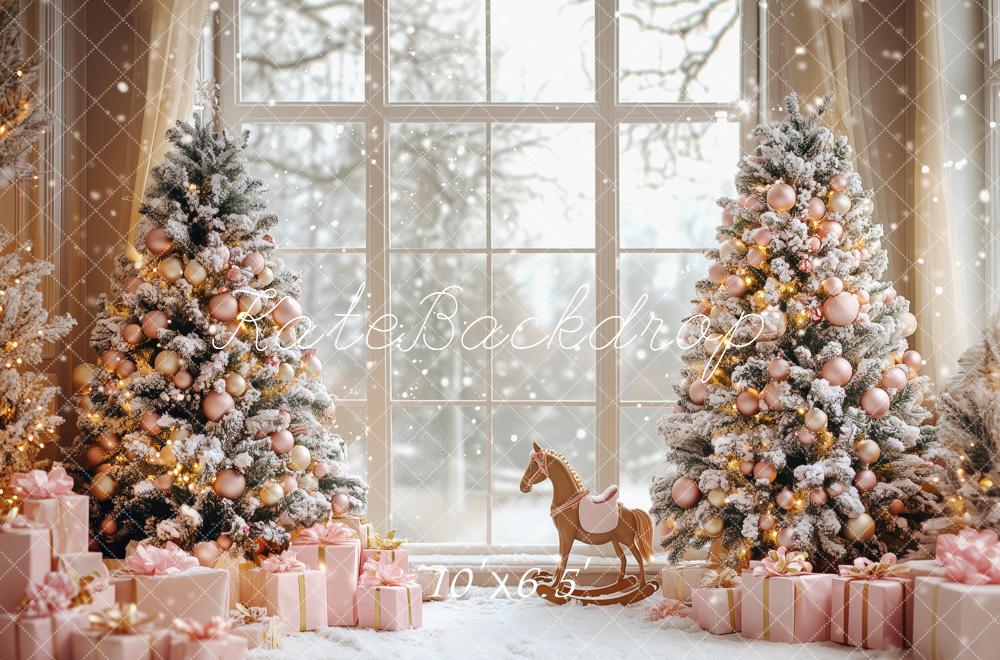 Kate Christmas Snowy Trees Pink Gifts Window Backdrop Designed by Patty Robert -UK