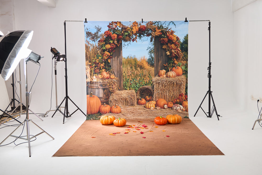 Kate Sweep Autumn Pumpkin Harvest Arch Hay Backdrop Designed by Emetselch -UK