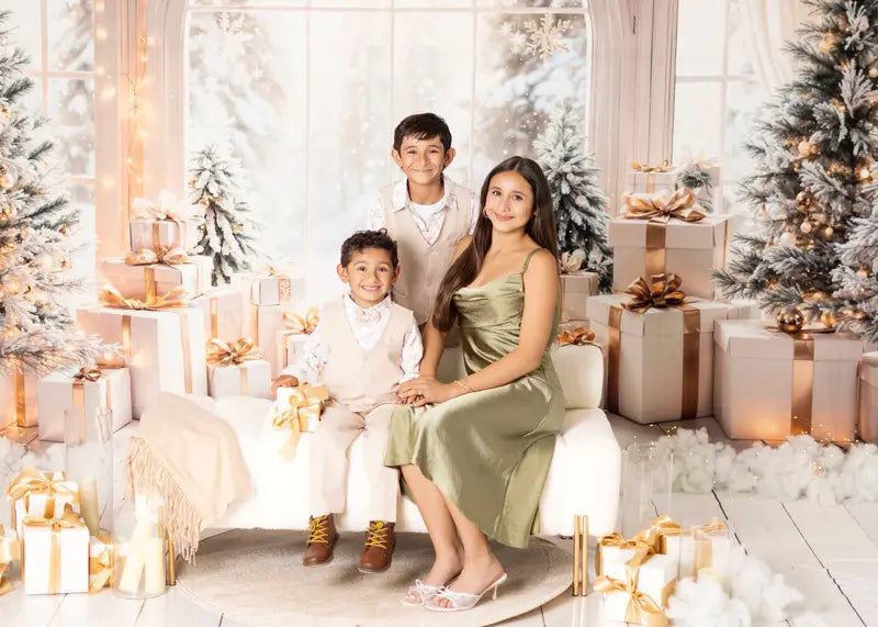 Kate White Arch Window With Christmas Tree Gifts Backdrop Designed by Emetselch -UK