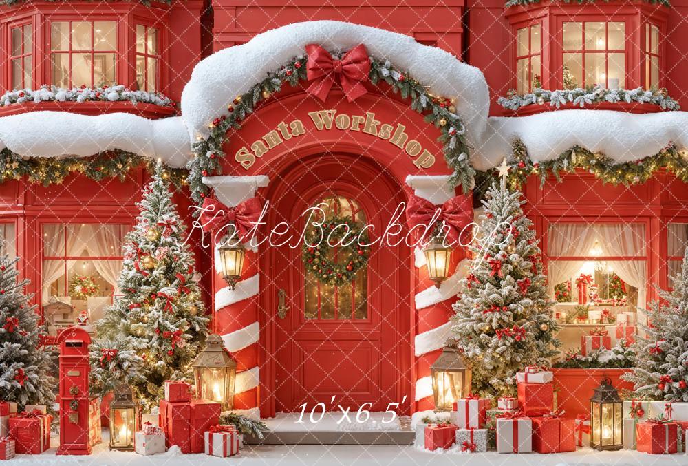 Kate Christmas Santa Workshop Snowy Trees Presents Fleece Backdrop Designed by Emetselch -UK