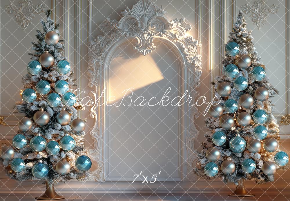 Kate Christmas Blue Baubles Trees Ornate Backdrop Designed by Mini MakeBelieve