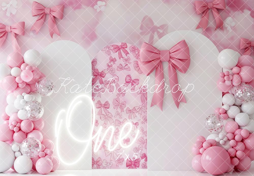 Kate 1st Birthday Pink Bows Balloons Arch Backdrop Designed by Patty Robert