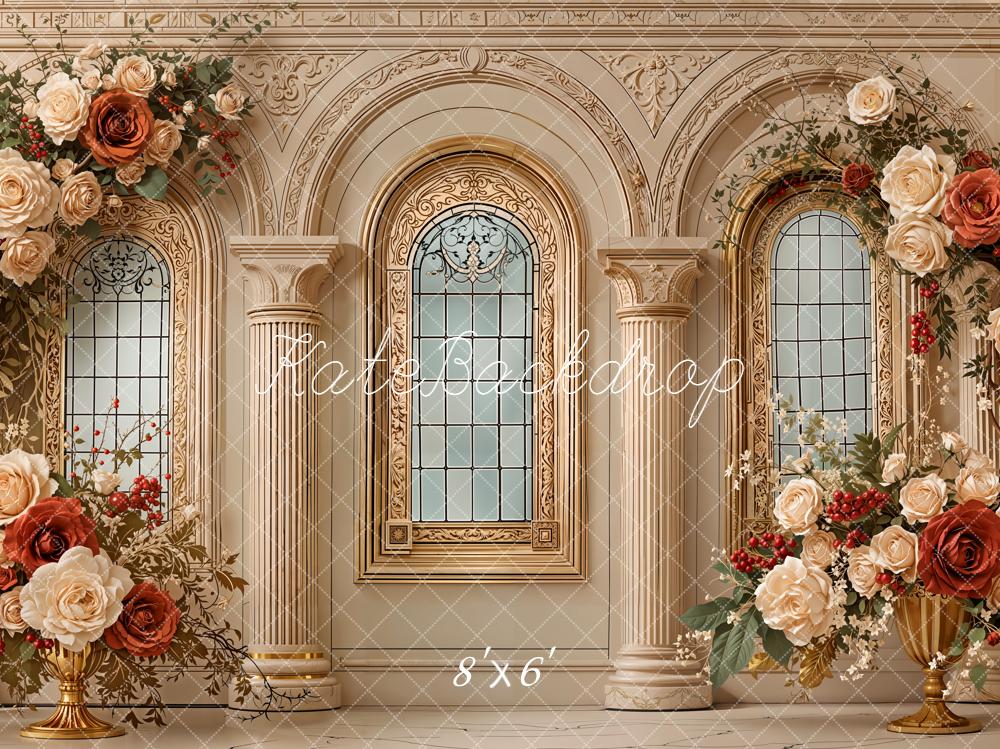 Kate Floral Arch Columns Gold Windows Fleece Backdrop Designed by Emetselch -UK