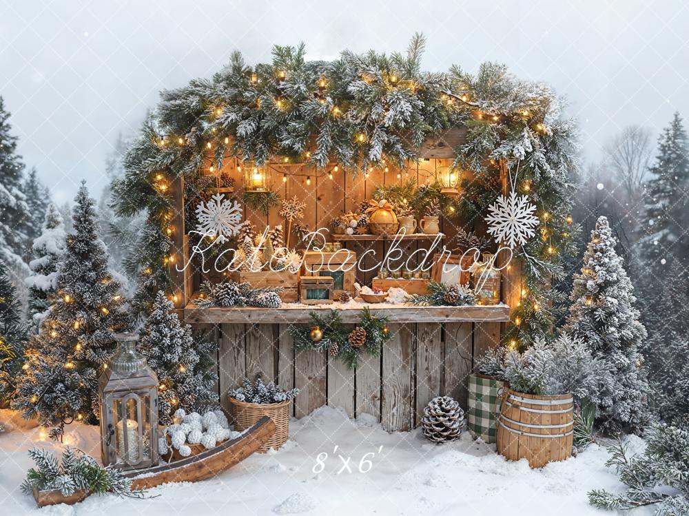Kate Christmas Snowy Pine Lantern Fleece Backdrop Designed by Emetselch