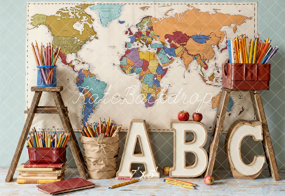 Kate Back To School World Map Pencils Backdrop Designed by Emetselch