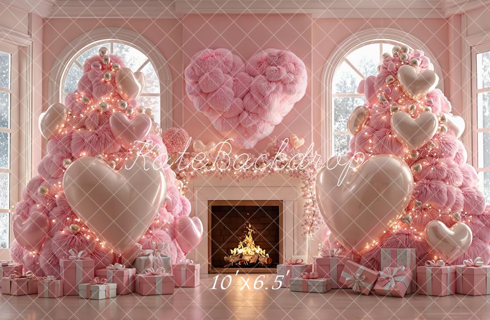 Kate Christmas Pink Trees Heart Presents Fleece Backdrop Designed by Emetselch -UK