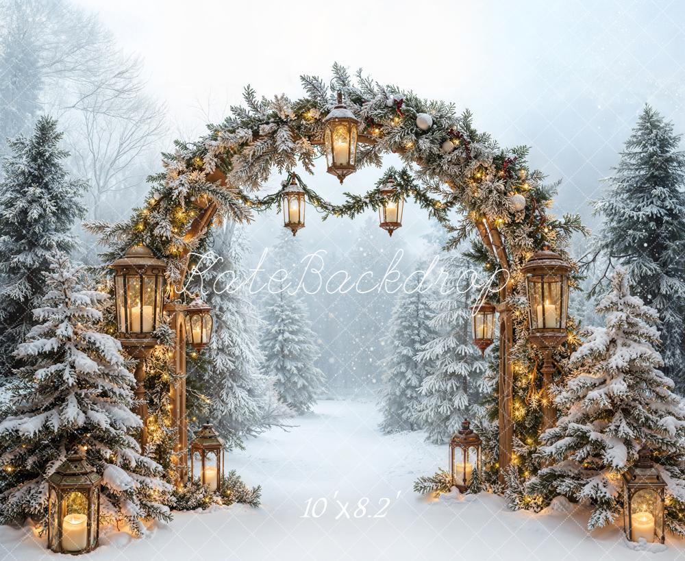 Kate Christmas Snowy Arch Lanterns Forest Fleece Backdrop Designed by Emetselch -UK