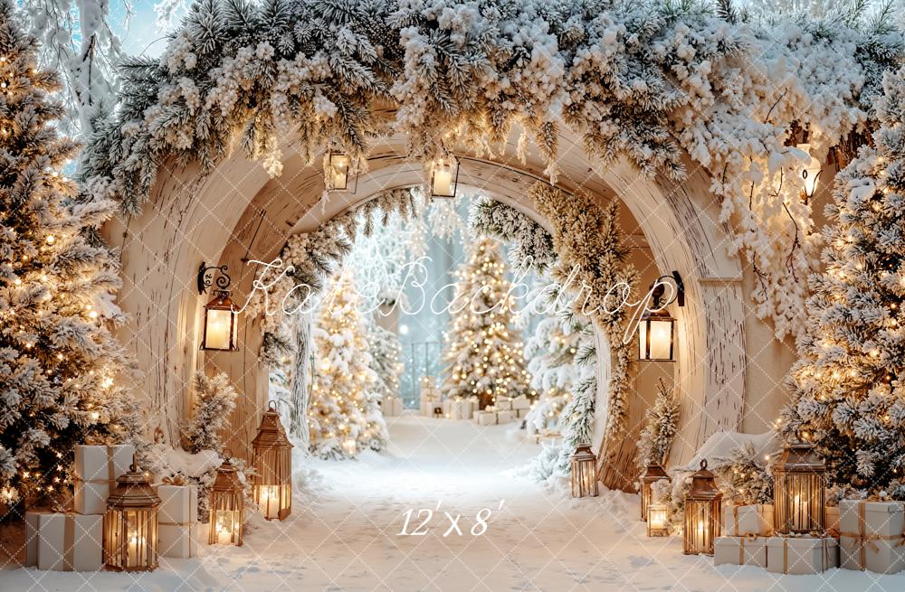 Kate Winter Arch Snow Covered Christmas Trees Lanterns Backdrop Designed by Emetselch -UK
