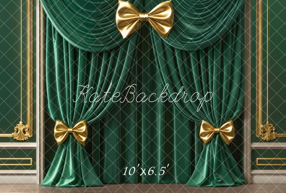 Kate Green Curtains Gold Bows Ornate Fleece Backdrop Designed by Emetselch -UK