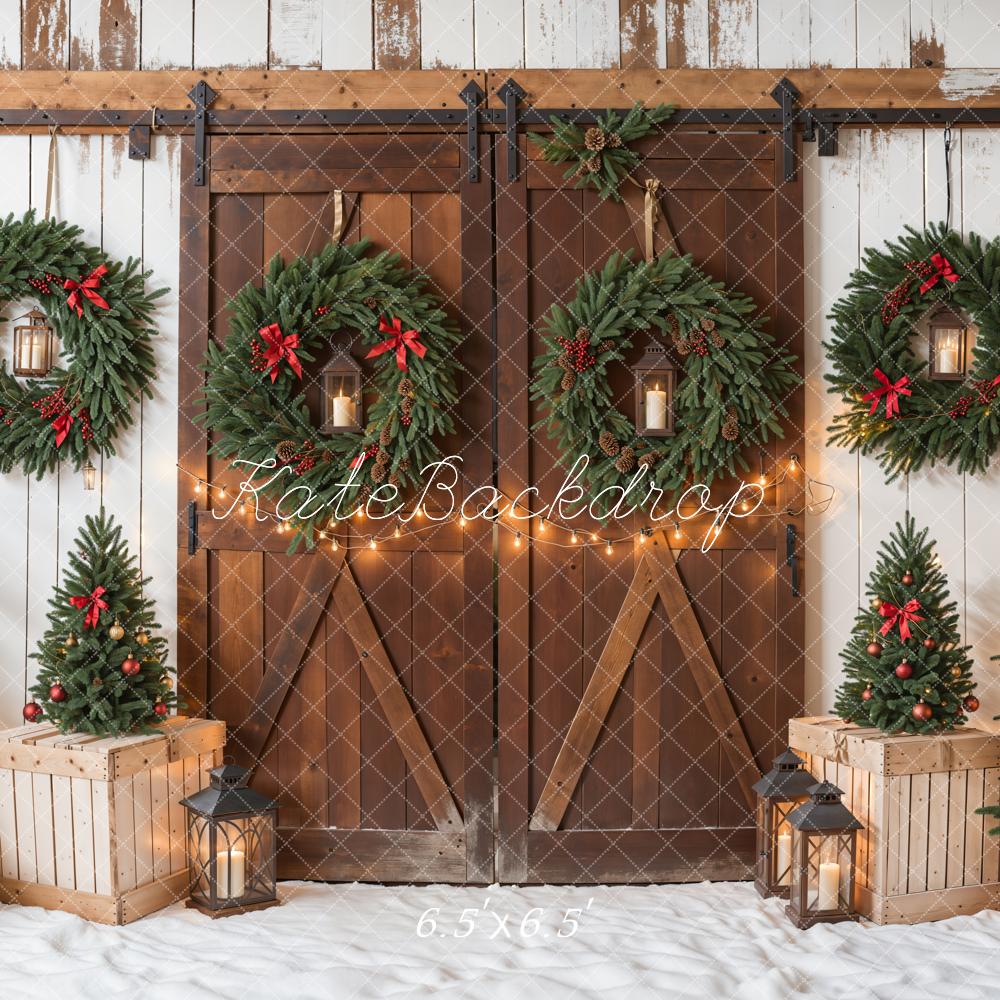 Kate Christmas Tree Brown Wooden Barn Door Backdrop Designed by Emetselch -UK