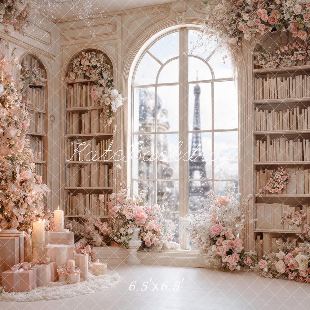 Kate Christmas Pink Floral Bookshelves Window Backdrop Designed by Ashley Paul