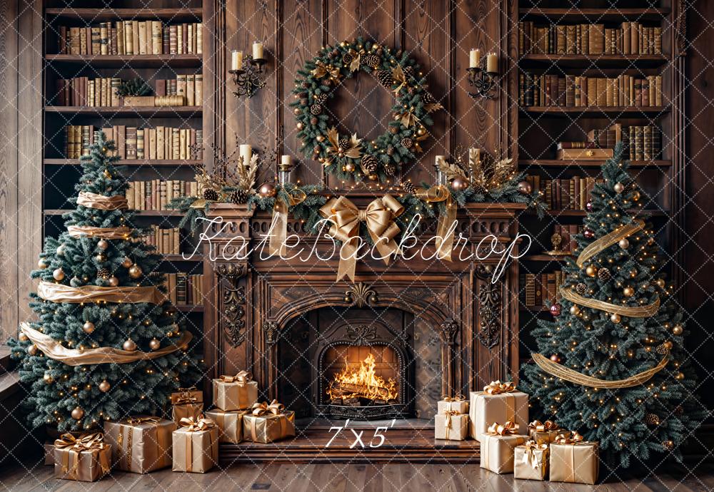 Kate Christmas Fireplace Bookshelves Trees Backdrop Designed by Emetselch