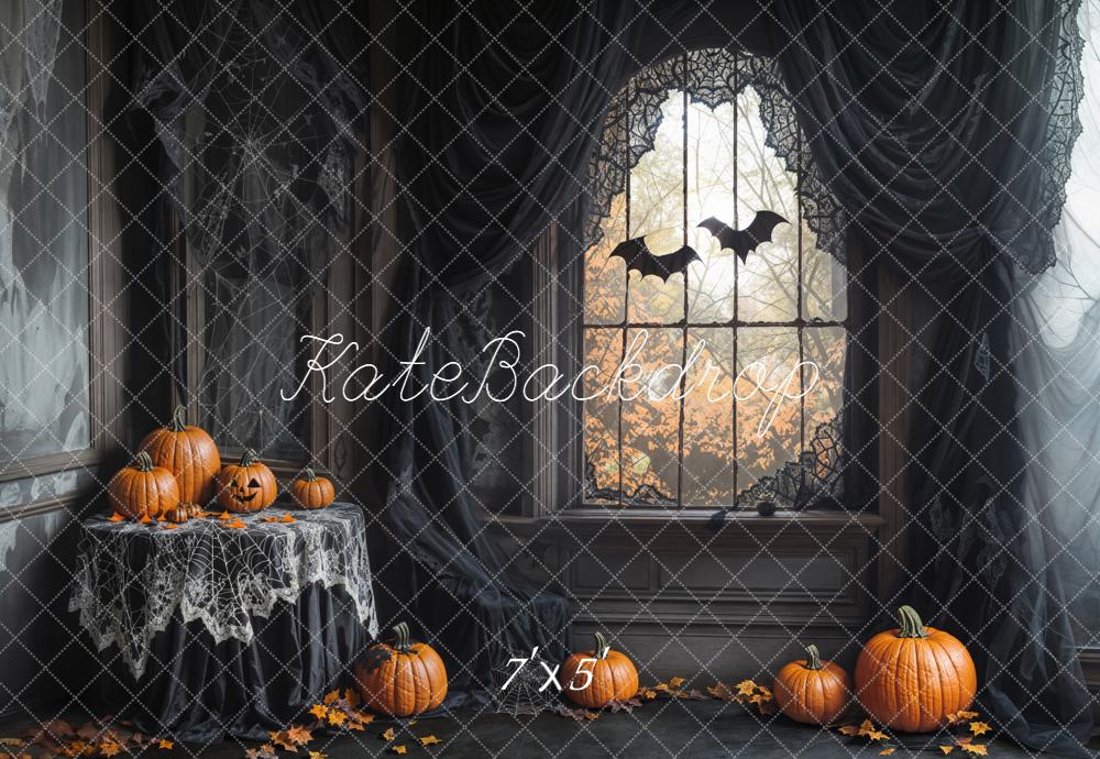 Kate Halloween Pumpkins Spider Web Bats Backdrop Designed by Emetselch -UK