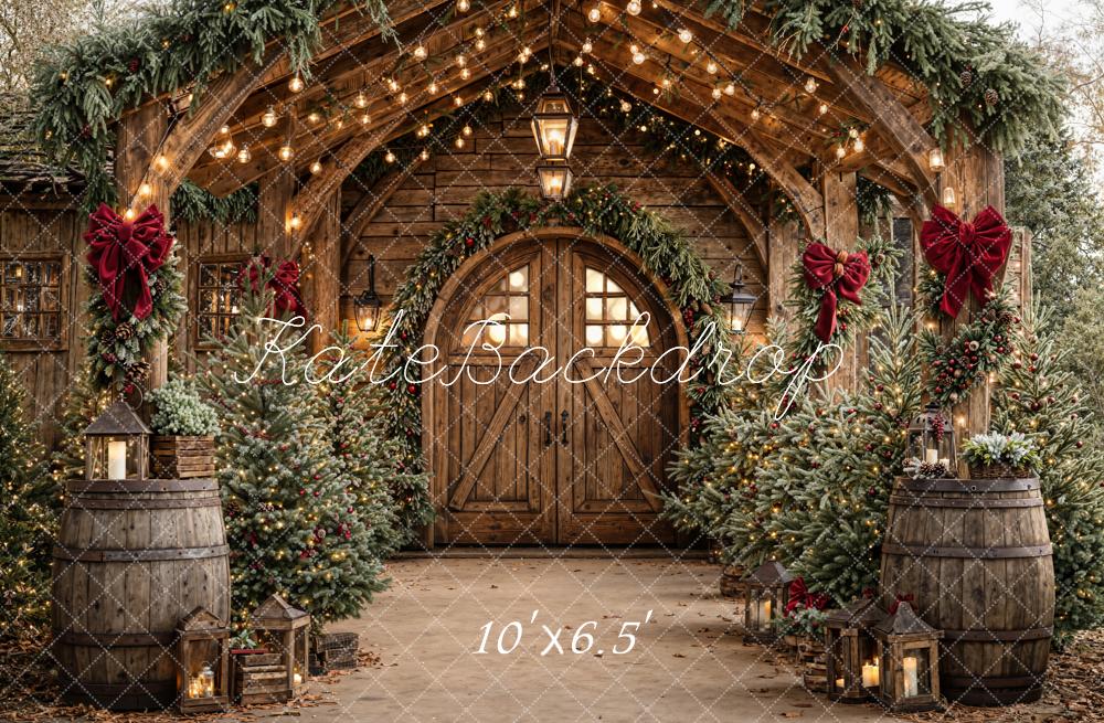 Kate Christmas Wooden Arch Barn Trees Fleece Backdrop Designed by Emetselch -UK