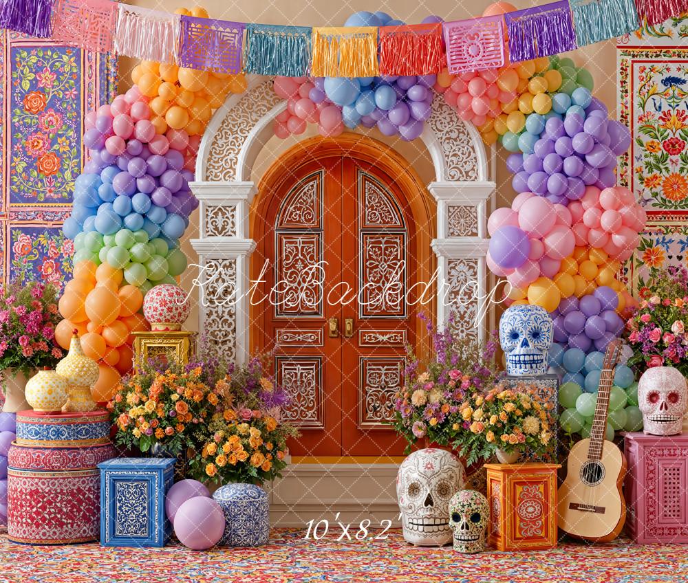 Kate Day Of The Dead Colourful Balloons Skulls Fleece Backdrop Designed by Emetselch -UK