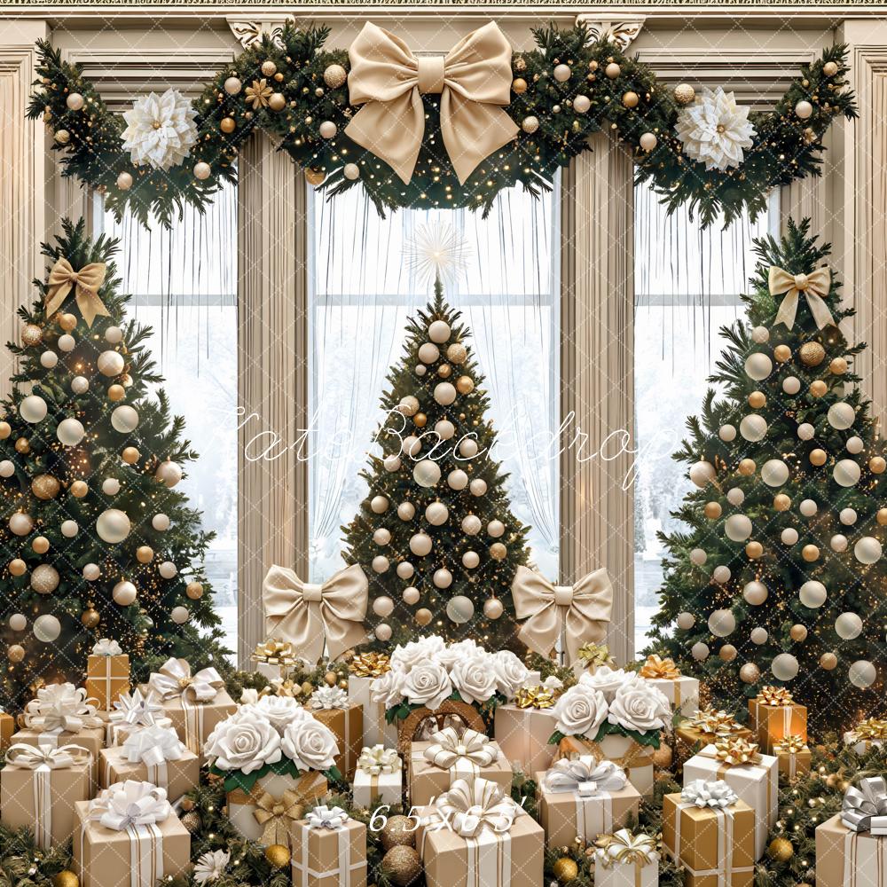 Kate Christmas Trees Gold Bows Gifts Backdrop Designed by Mini MakeBelieve
