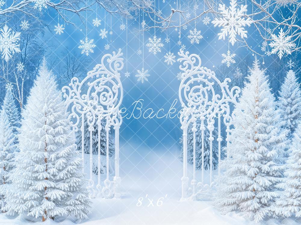 Kate Winter Snowy Trees Ornate Gate Blue Backdrop Designed by Emetselch -UK