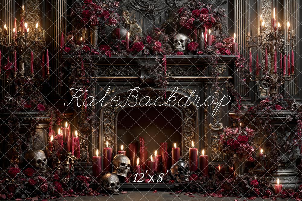 Kate Halloween Gothic Fireplace Skulls Candles Backdrop Designed by Ashley Paul -UK