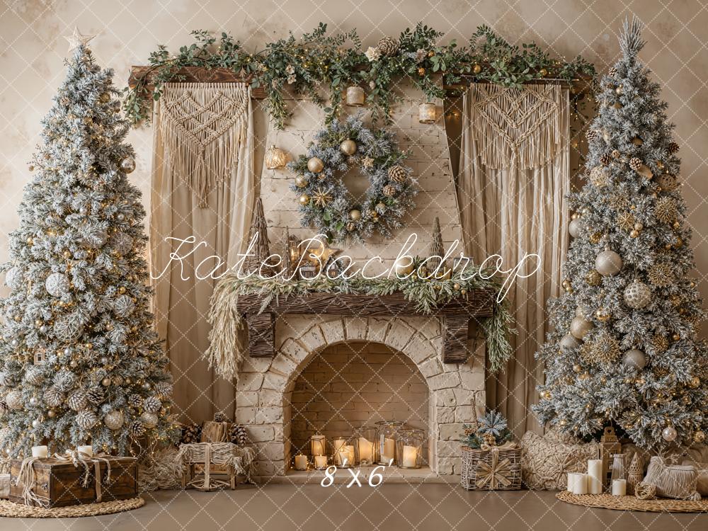 Kate Christmas Fireplace Trees Wreath Fleece Backdrop Designed by Emetselch