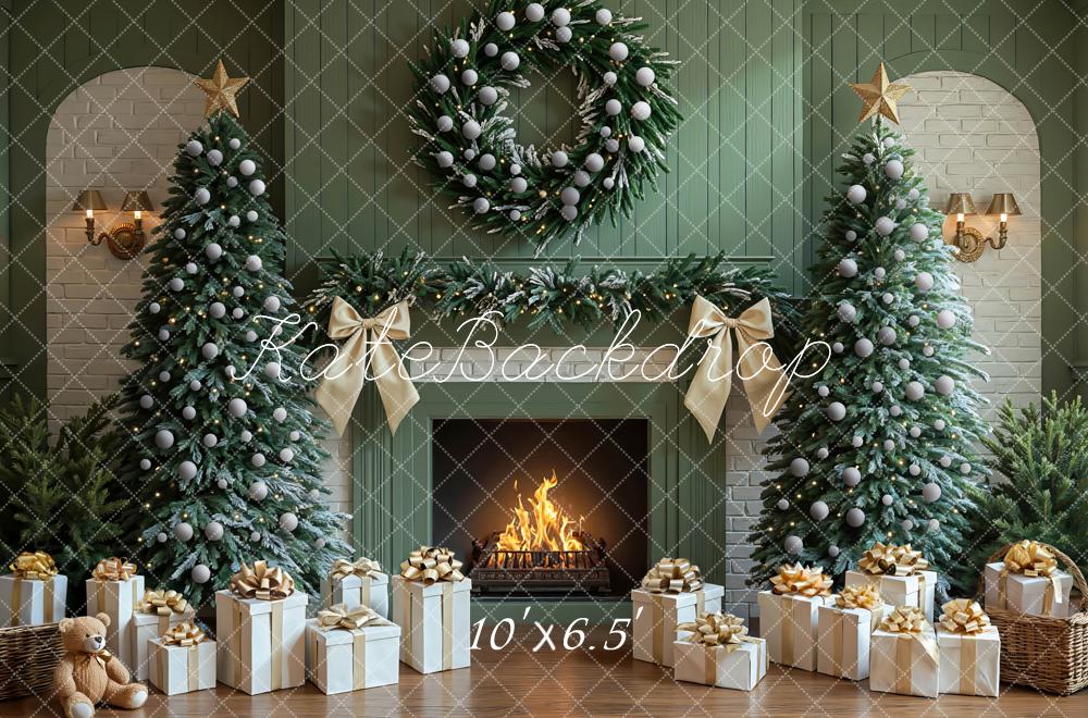 Kate Green Christmas Fireplace Trees Wreath Presents Backdrop Designed by Mini MakeBelieve -UK