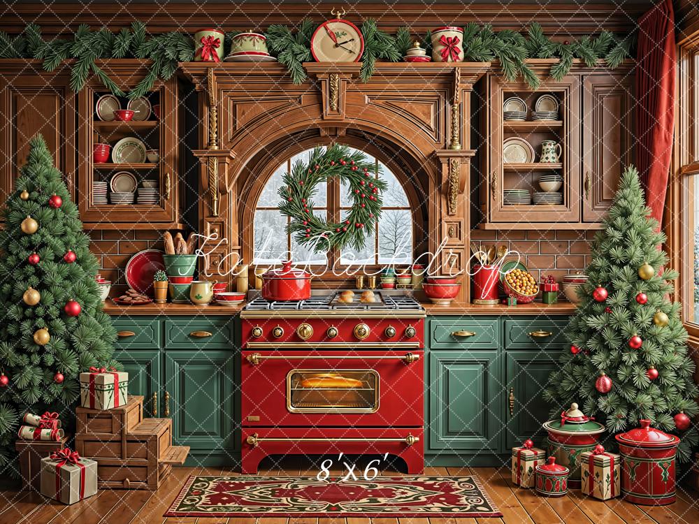 Kate Christmas Kitchen Wreath Decorated Trees Backdrop Designed by Emetselch