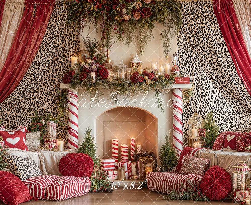 Kate Christmas Fireplace Red Leopard Curtains Backdrop Designed by Emetselch
