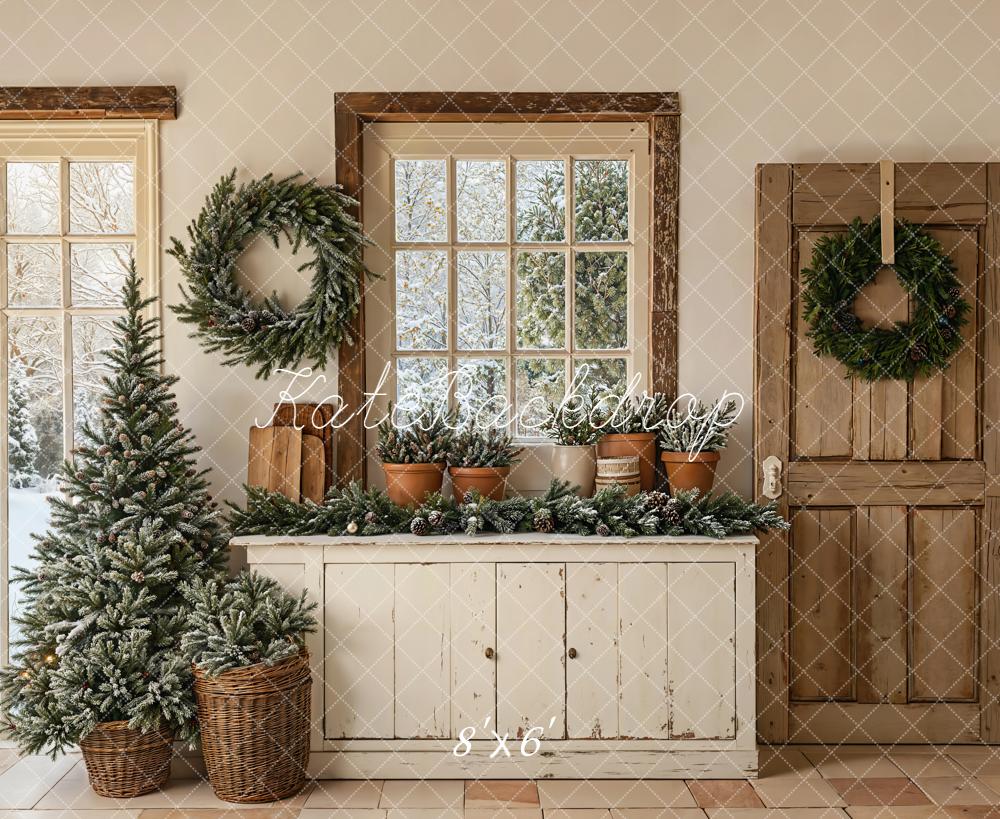 Kate Christmas Wreaths Tree Rustic Windows Backdrop Designed by Emetselch