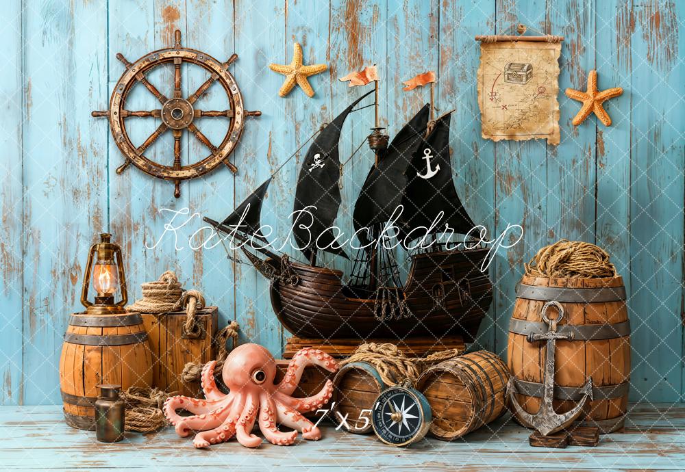 Kate Pirate Ship Helm Treasure Map Nautical Blue Backdrop Designed by Emetselch