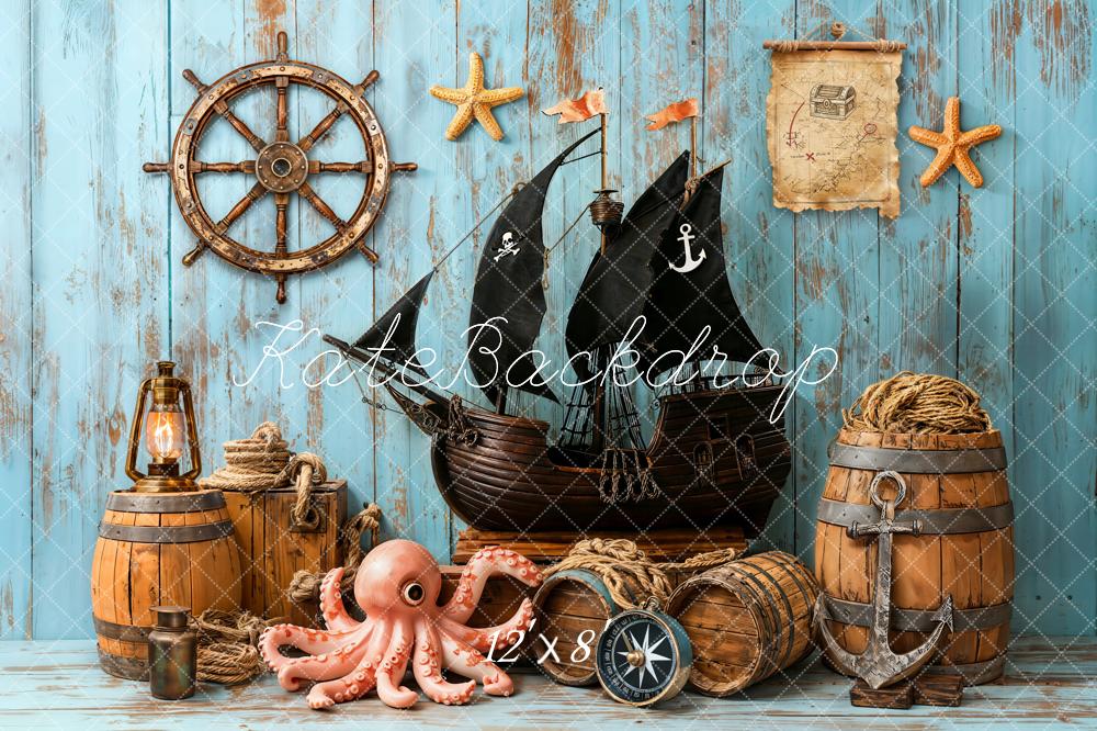 Kate Pirate Ship Helm Treasure Map Nautical Blue Backdrop Designed by Emetselch