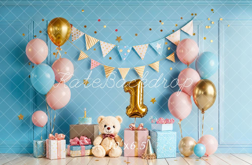 Kate 1st Birthday Blue Balloons Gift Backdrop Designed by Chain Photography