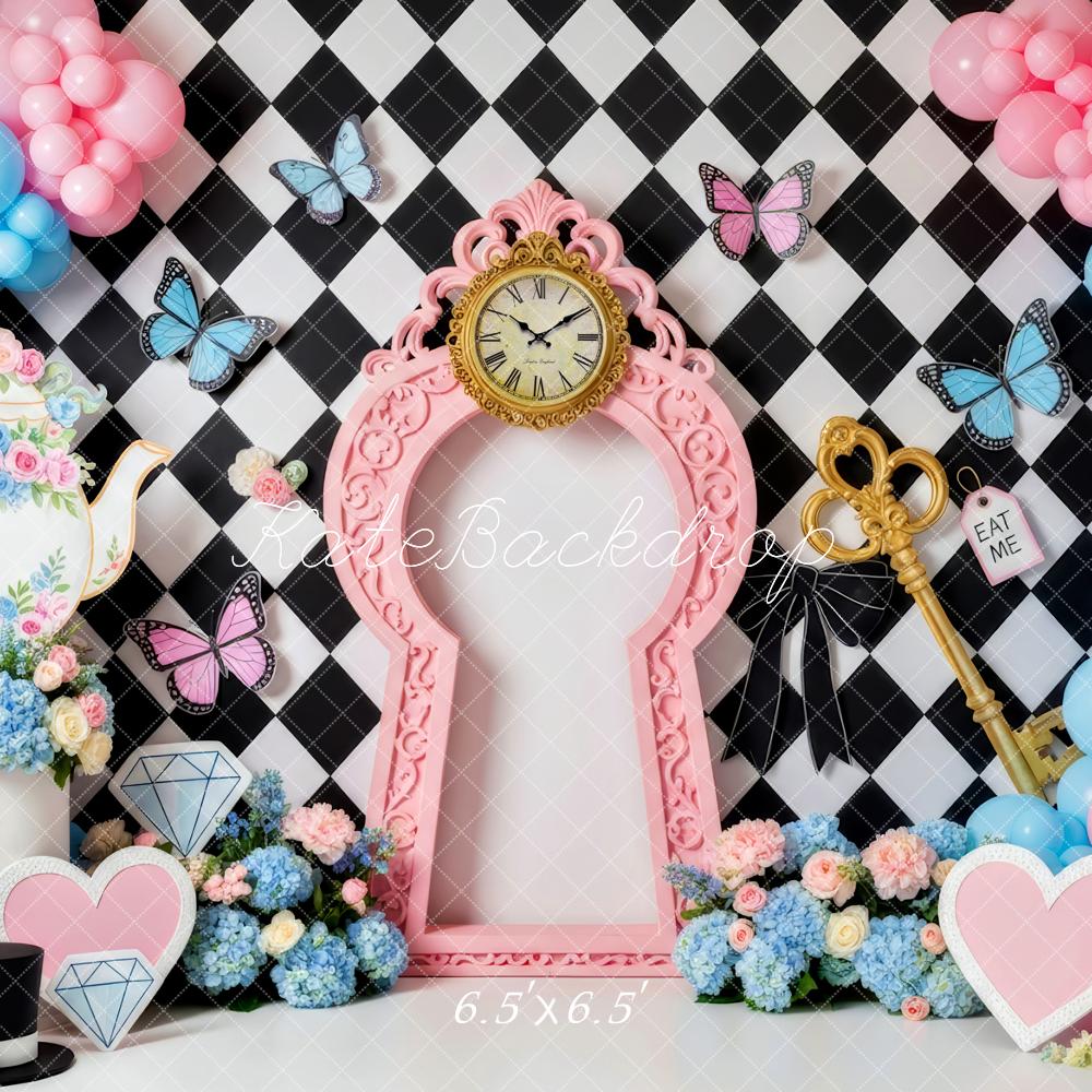 Kate Fantasy Clock Teapot Butterflies Balloons Backdrop Designed by Patty Robert
