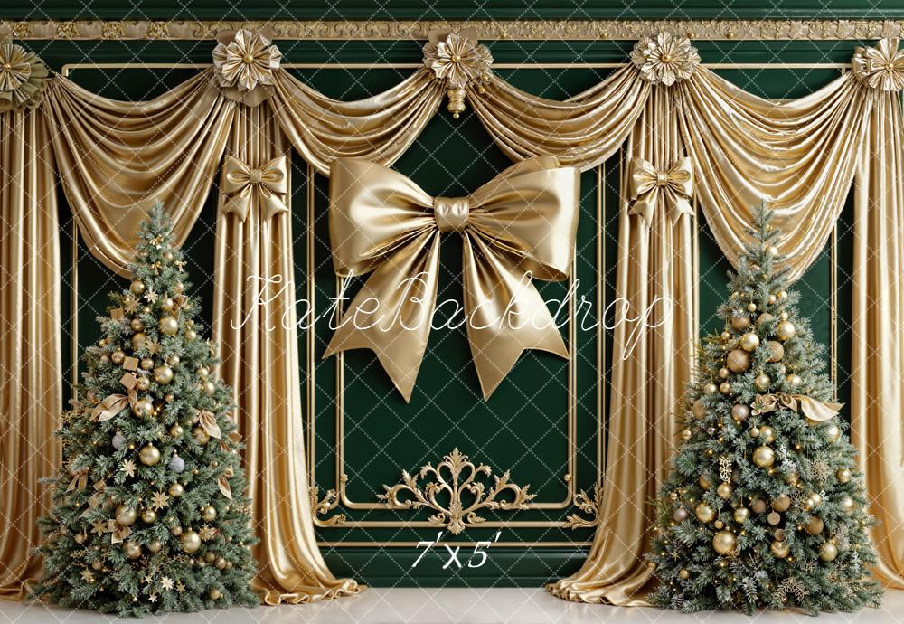 Kate Christmas Gold Drapes Bow Green Trees Backdrop Designed by Emetselch