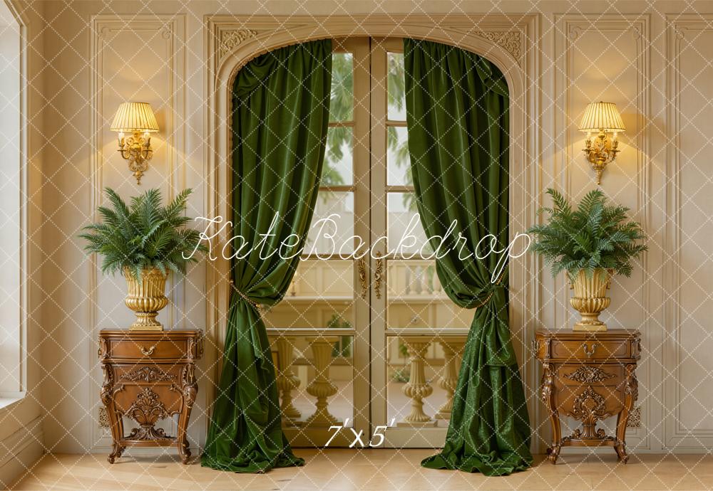 Kate Vintage French Window Green Curtains Plants Backdrop Designed by Emetselch