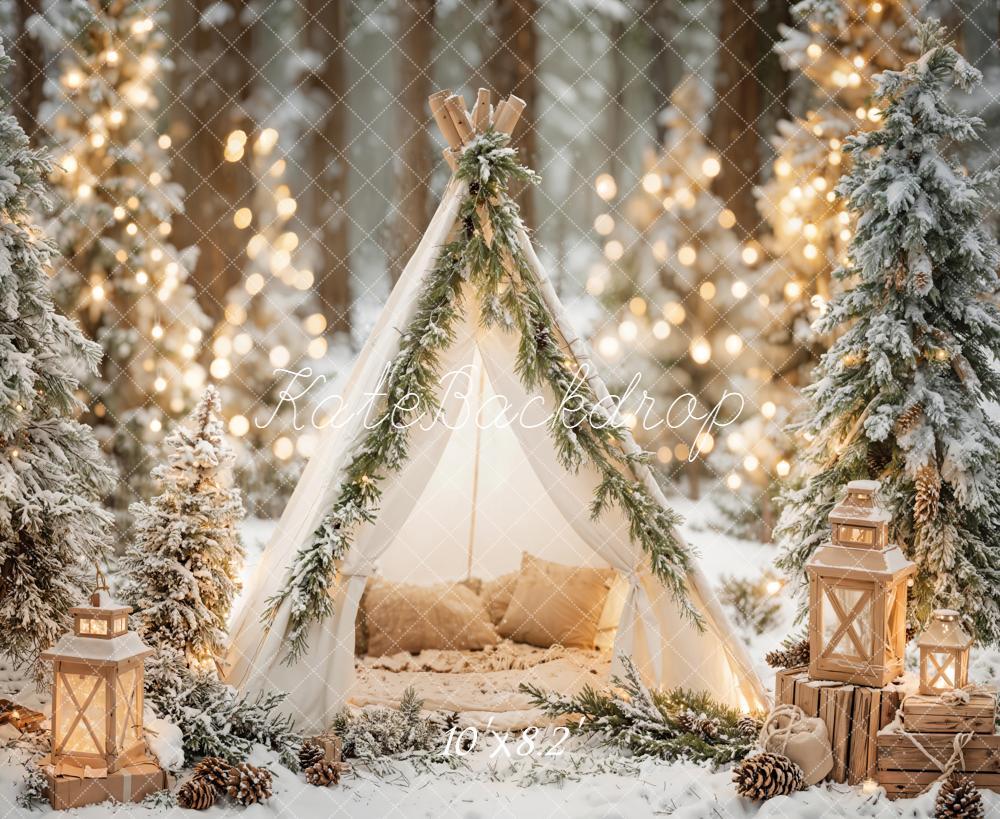 Kate Winter Tent Snowy Trees Lanterns Fleece Backdrop Designed by Emetselch