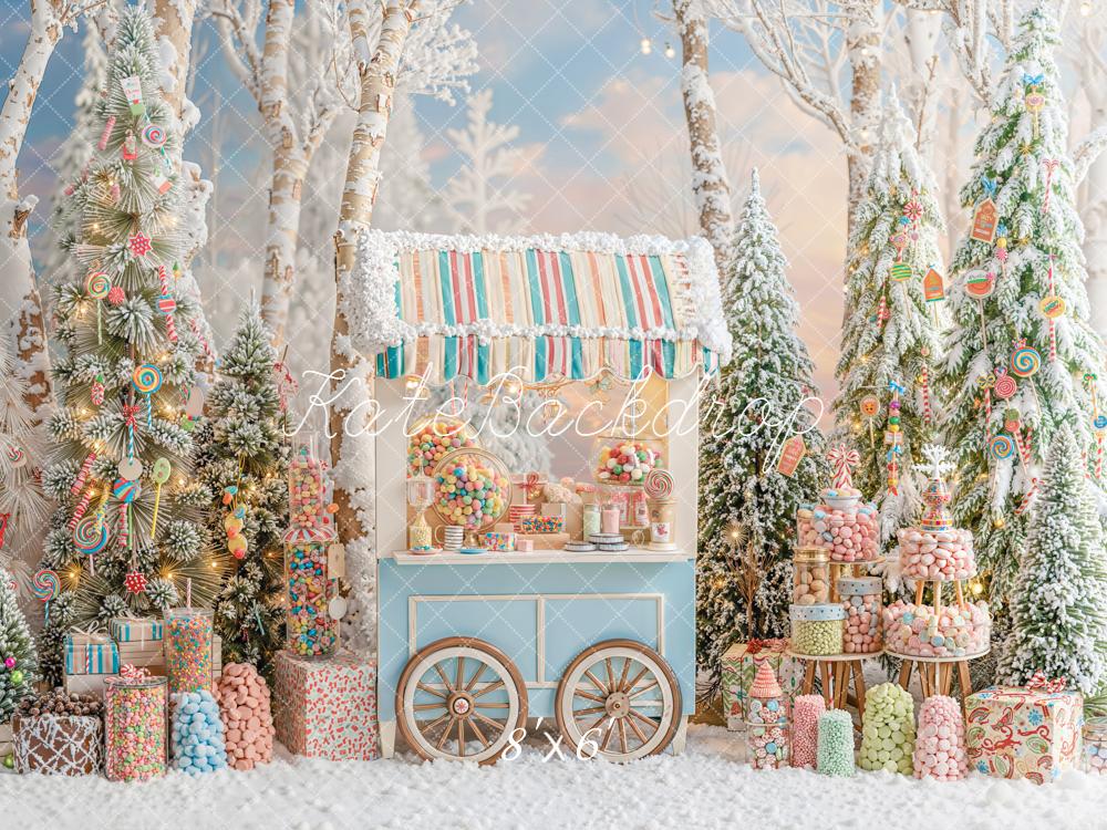 Kate Christmas Candy Cart Snowy Trees Fleece Backdrop Designed by Emetselch -UK