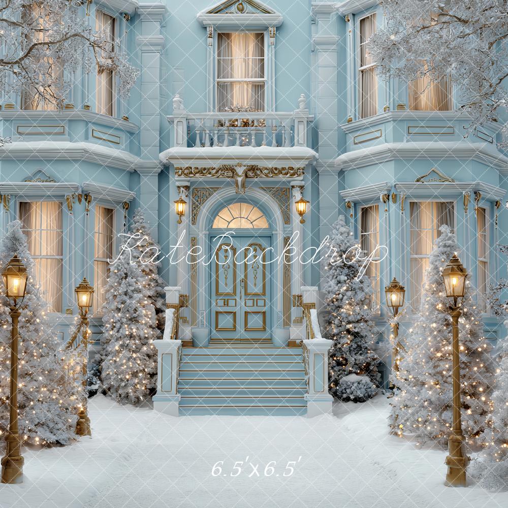 Kate Winter Blue Mansion Snow Lights Backdrop Designed by Ashley Paul