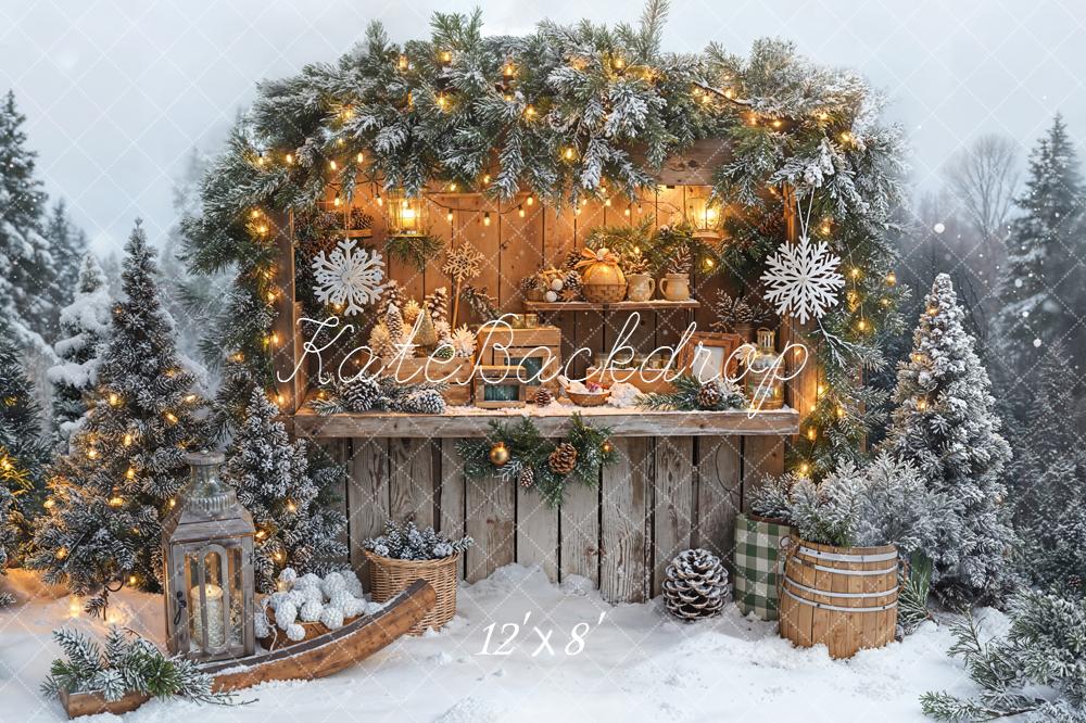 Kate Christmas Snowy Pine Lantern Fleece Backdrop Designed by Emetselch